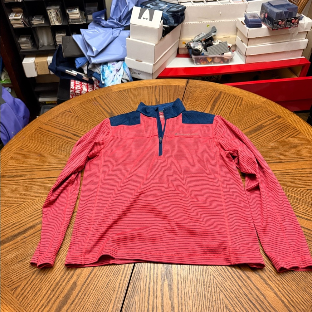 Vineyard Vines Red Striped Zip-Up Sweater with Navy Yoke